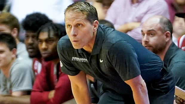Arkansas Razorbacks coach Eric Musselman on the sidelines against the Alabama Crimson Tide.
